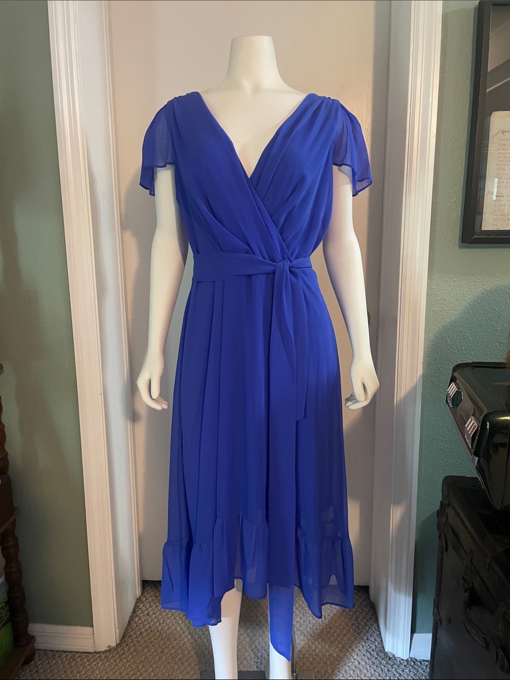 DKNY Cobalt Blue Wrap Midi Dress with Tie Waist